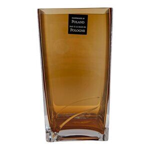 Art Deco Glass Vase Handblown Made in Poland Amber Rectangular